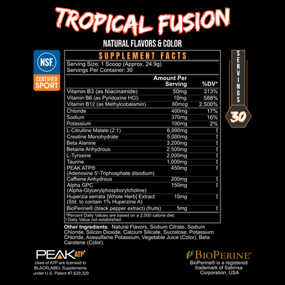 Supplement Facts panel for BlackLabel Pre Hustle Tropical Fusion pre-workout powder, showing serving size, ingredients, nutrition information, NSF Certified for Sport logo, and BioPerine branding on a black background.