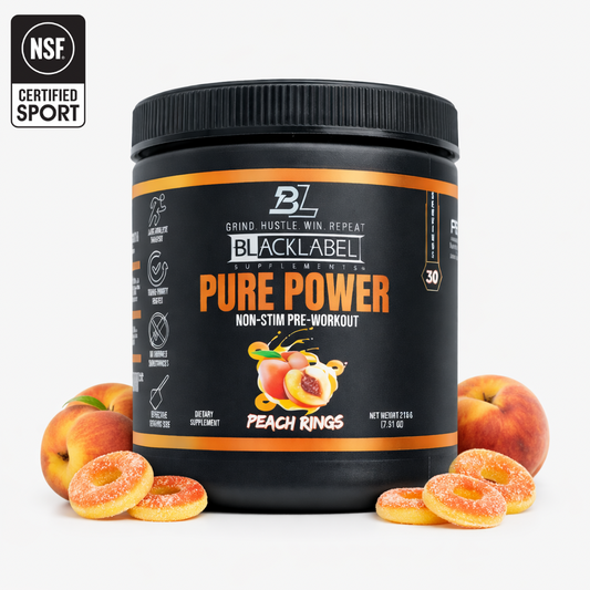 BlackLabel Supplements Pure Power pre-workout supplement container with peach rings and donuts on a white background
