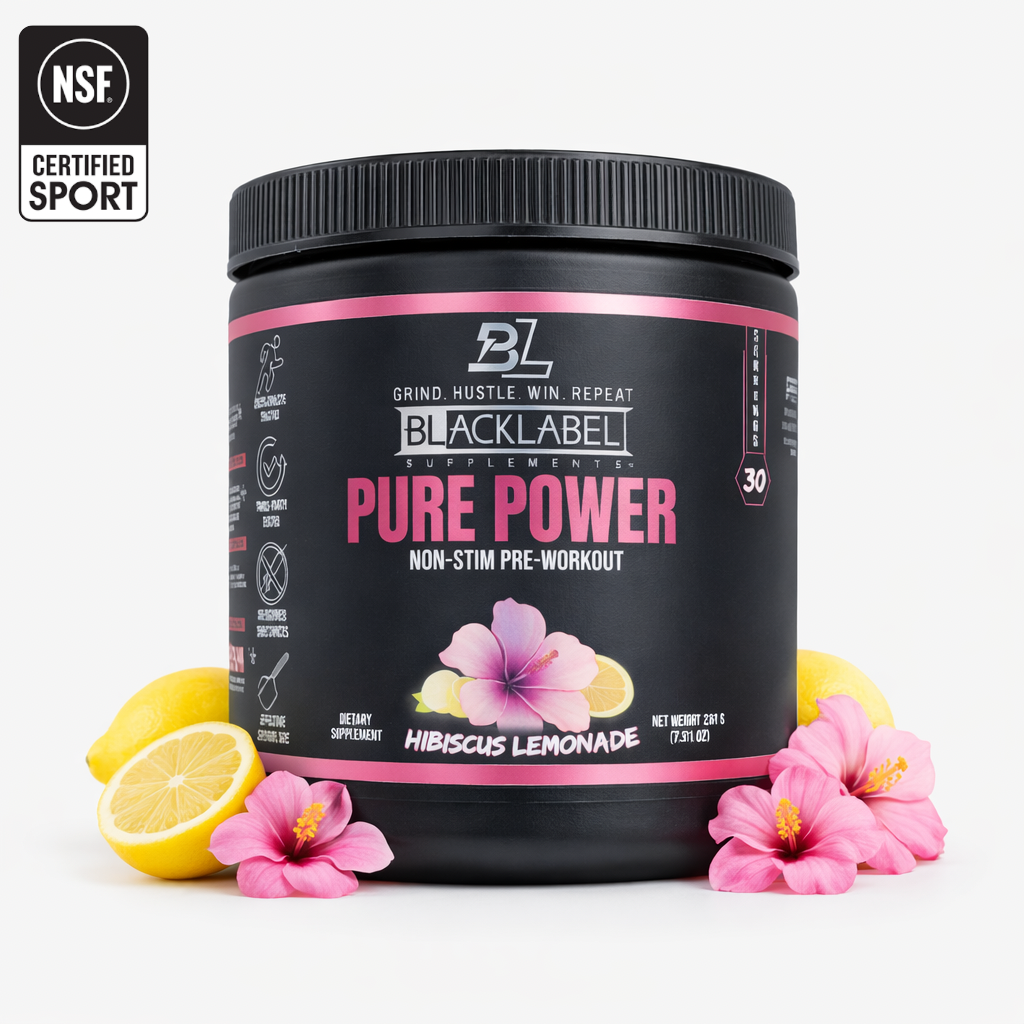 BlackLabel Supplements Pure Power pre-workout supplement container with flowers and lemons on a white background