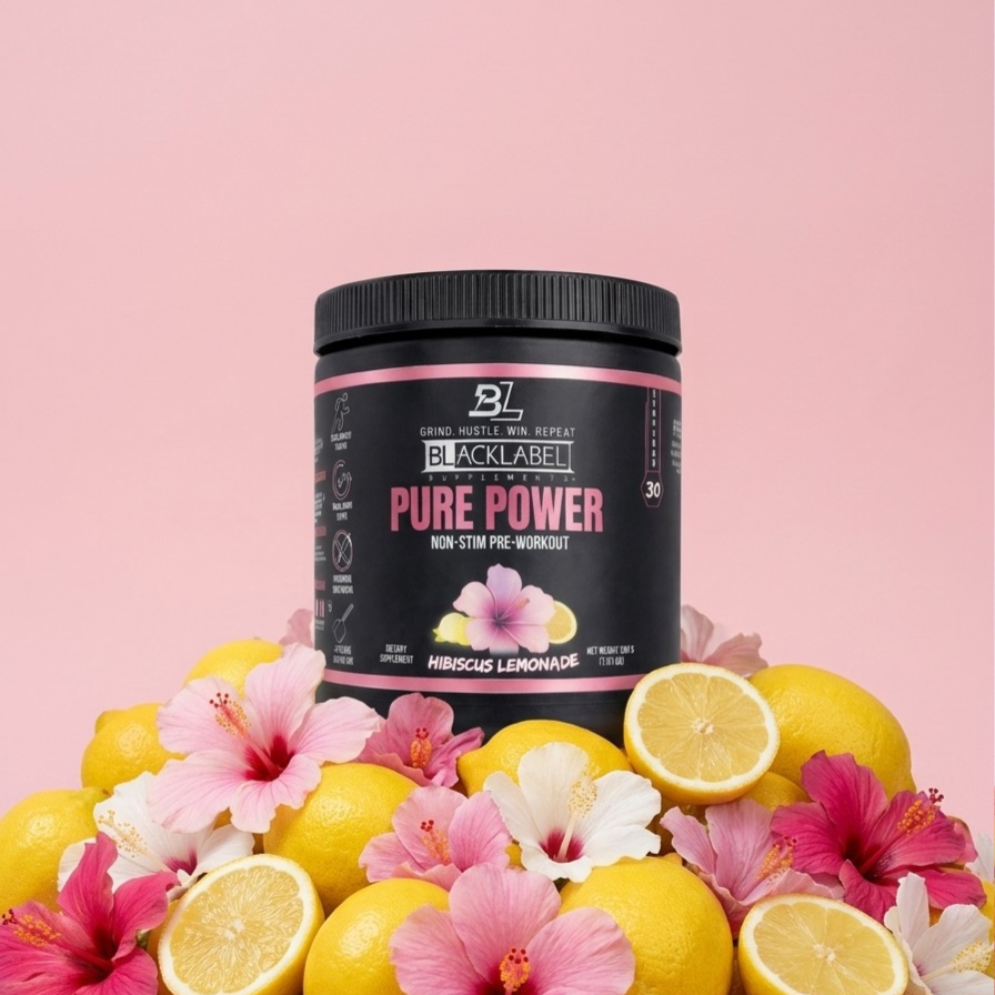 BlackLabel Pure Power pre-workout supplement container with lemons and flowers on a pink background