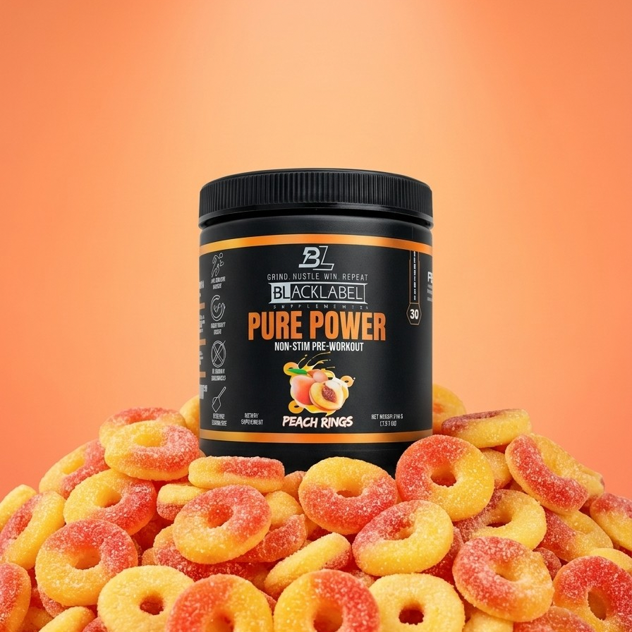 Blacklabel Pure Power pre-workout supplement container surrounded by gummy rings on an orange background