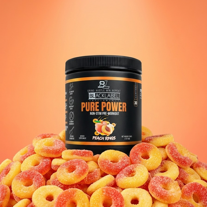Blacklabel Pure Power pre-workout supplement container surrounded by gummy rings on an orange background