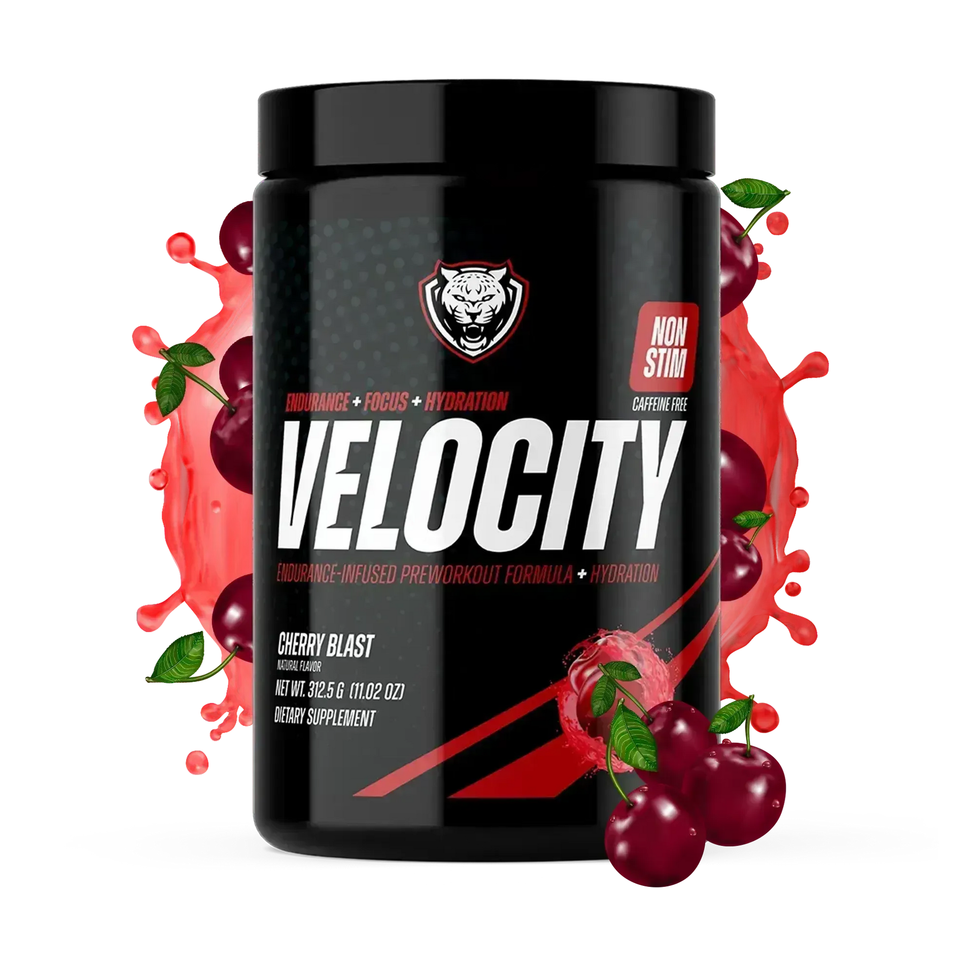 Black container of Velocity caffeine-free pre-workout formula with cherry graphics and red fruit splash on a white background.