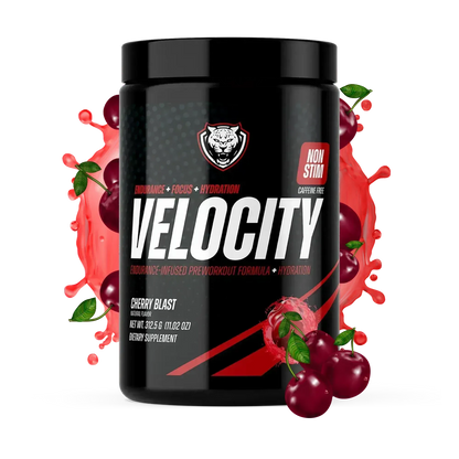 Black container of Velocity caffeine-free pre-workout formula with cherry graphics and red fruit splash on a white background.