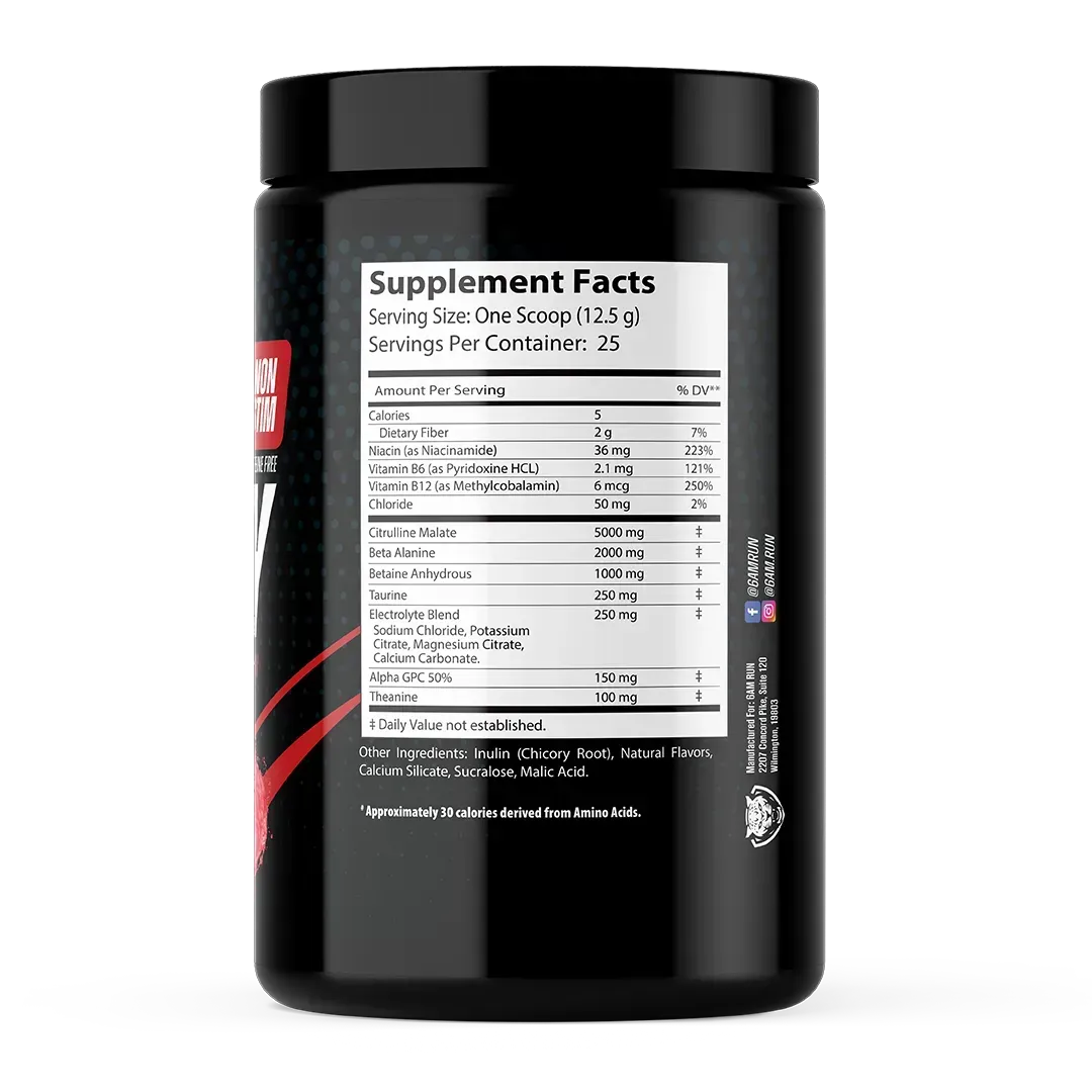 Back label of Velocity Cherry Blast caffeine-free pre-workout supplement container showing Supplement Facts, ingredients, and nutrition information on a white background.