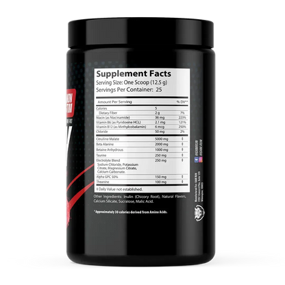 Back label of Velocity Cherry Blast caffeine-free pre-workout supplement container showing Supplement Facts, ingredients, and nutrition information on a white background.