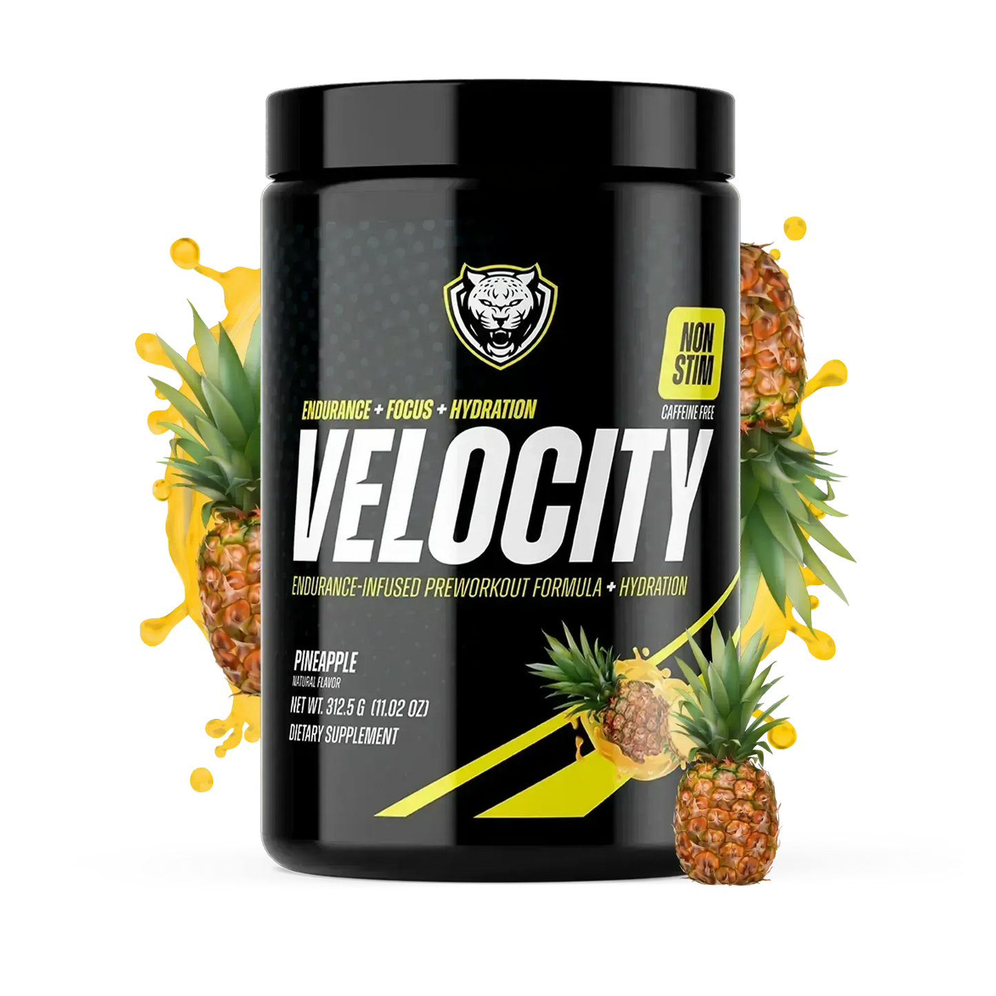 Black container of Velocity caffeine-free pre-workout formula with pineapple graphics and tropical fruit splash on a white background.