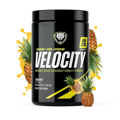 Black container of Velocity caffeine-free pre-workout formula with pineapple graphics and tropical fruit splash on a white background.
