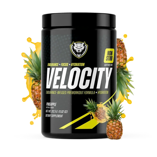 Black container of Velocity caffeine-free pre-workout formula with pineapple graphics and tropical fruit splash on a white background.