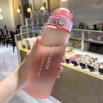 Pink frosted 780ml sports water bottle with matching flip-top lid and built-in straw held indoors