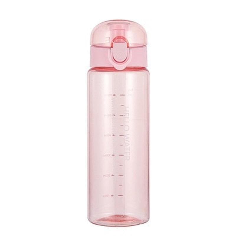 Pink 780ml sports water bottle with flip-top lid and measurement markings on white background