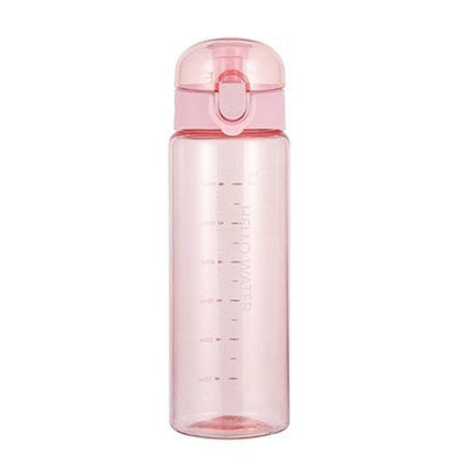 Pink 780ml sports water bottle with flip-top lid and measurement markings on white background