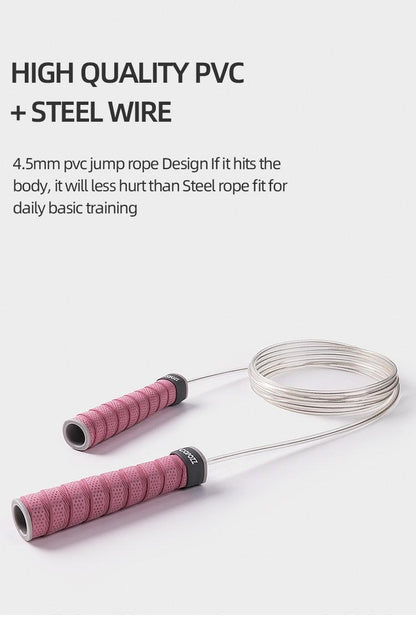Adjustable speed jump rope with a durable PVC-coated steel wire cable and anti-slip pink silicone handles for cardio, boxing, and fitness training.