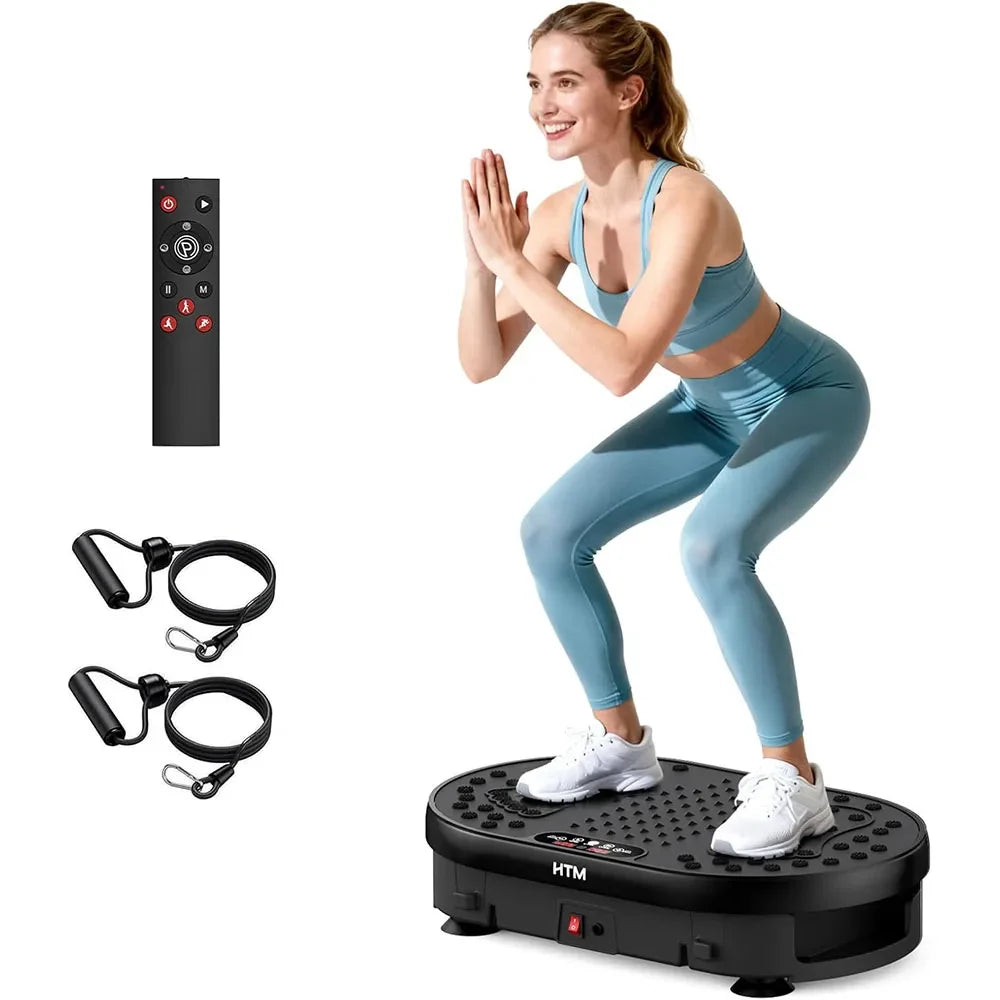 Woman performing a squat on a black 120-speed vibration plate exercise machine with wireless remote control and resistance bands for home fitness workouts.