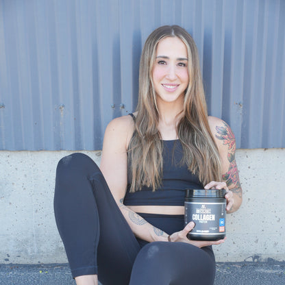 BLACKLABEL Collagen Protein Powder container held by person in active lifestyle setting