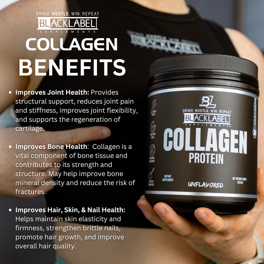 BLACKLABEL Collagen Protein Powder container with collagen benefits graphic and product information