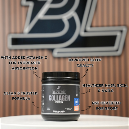 BLACKLABEL Collagen Protein Powder container with product information graphic on wooden background