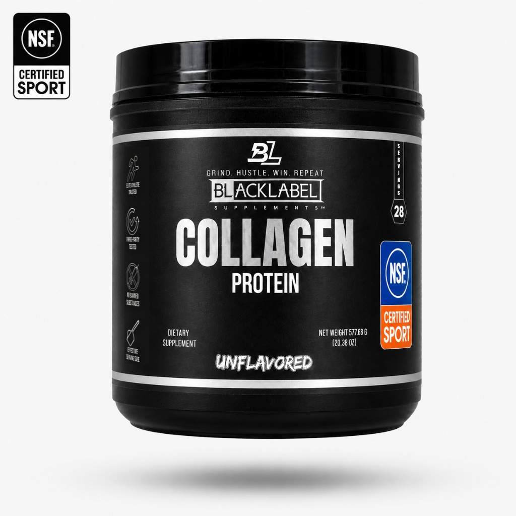 BLACKLABEL Collagen Protein Powder container with NSF Certified for Sport logo on white background