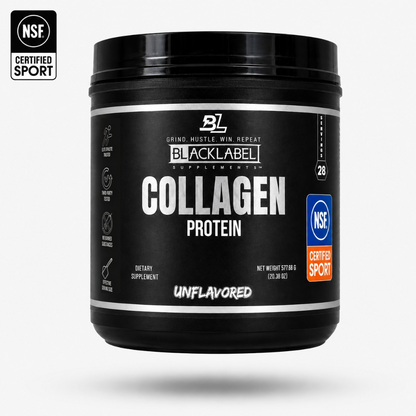 BLACKLABEL Collagen Protein Powder container with NSF Certified for Sport logo on white background