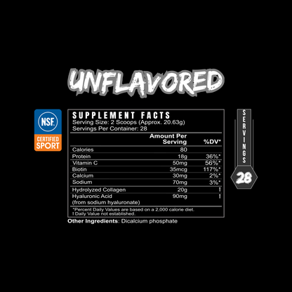 BLACKLABEL Collagen Protein Powder Unflavored Supplement Facts label with NSF Certified for Sport logo