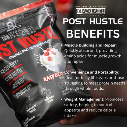 BlackLabel Supplements protein package with text highlighting post-hustle benefits