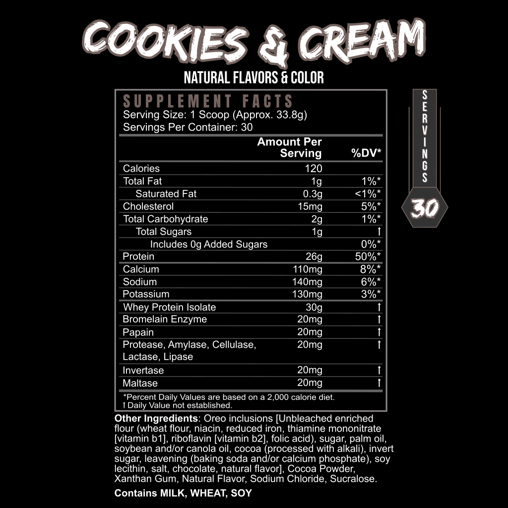 BlackLabel Post Hustle Whey Protein Supplement Cookies and Cream flavor Supplement Facts label