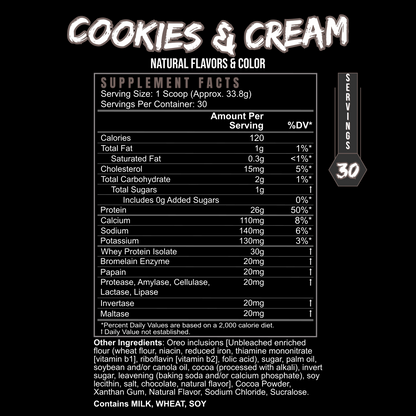 BlackLabel Post Hustle Whey Protein Supplement Cookies and Cream flavor Supplement Facts label