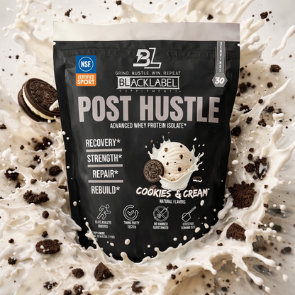 BlackLabel Post Hustle cookies and cream protein powder packaging surrounded by cookie crumbs and milk.