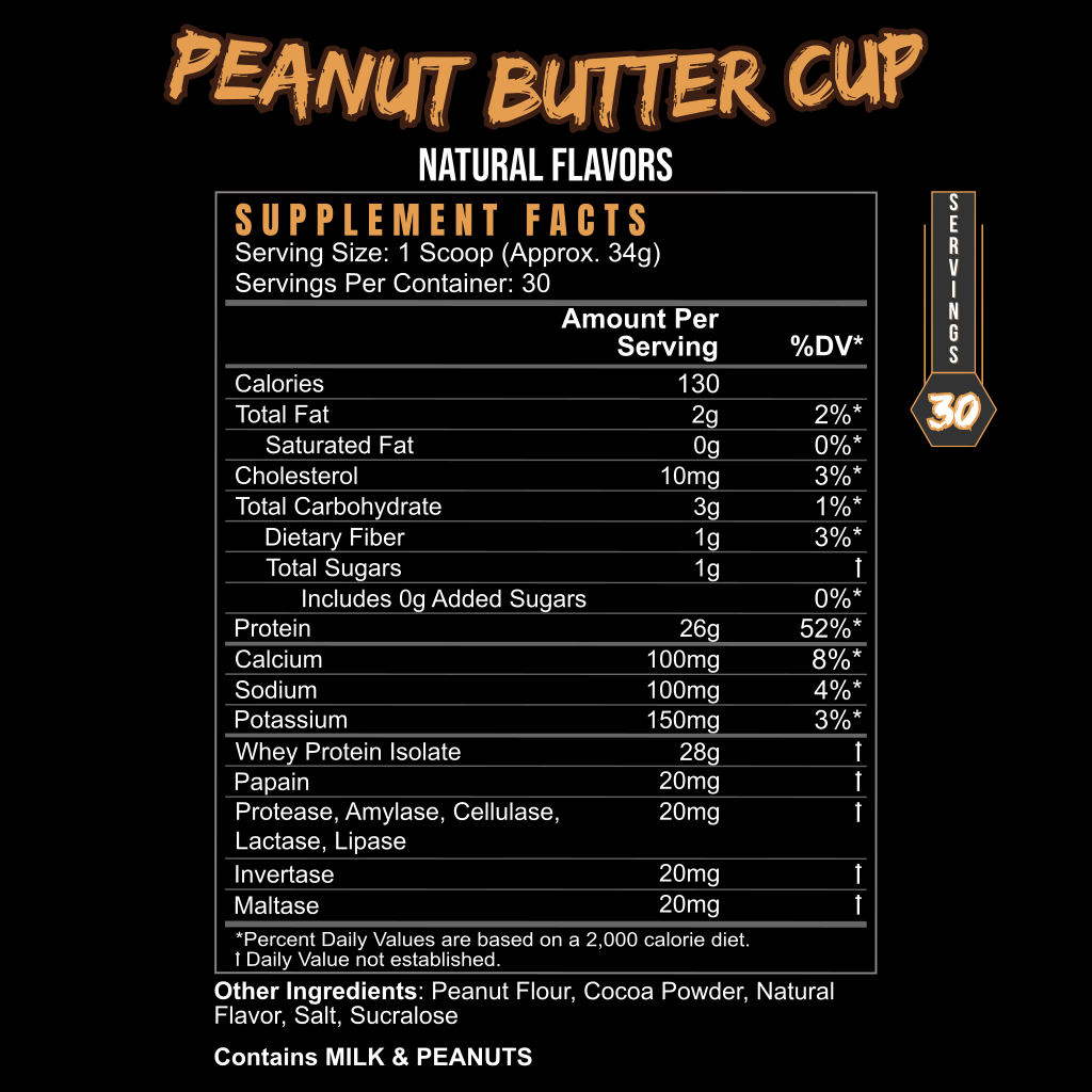 Supplement facts label for a product labeled 'Peanut Butter Cup' with nutritional information.