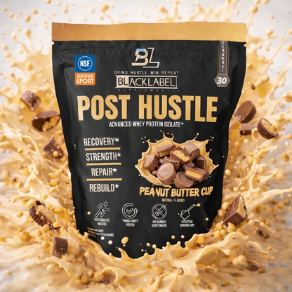 BlackLabel Post Hustle protein powder package with peanut butter cup flavor on a splash background