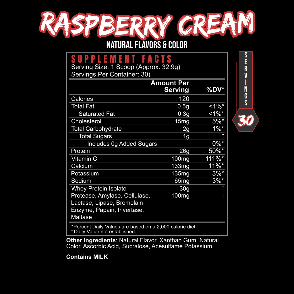 BlackLabel Post Hustle Whey Protein Supplement Raspberry Cream flavor Supplement Facts label
