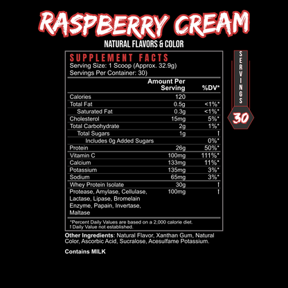 BlackLabel Post Hustle Whey Protein Supplement Raspberry Cream flavor Supplement Facts label