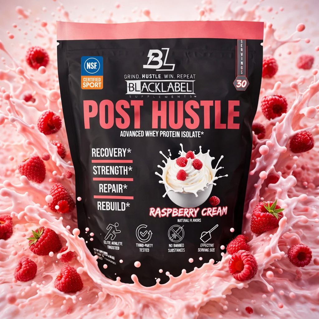 BlackLabel Post Hustle protein powder package with raspberries on a pink background
