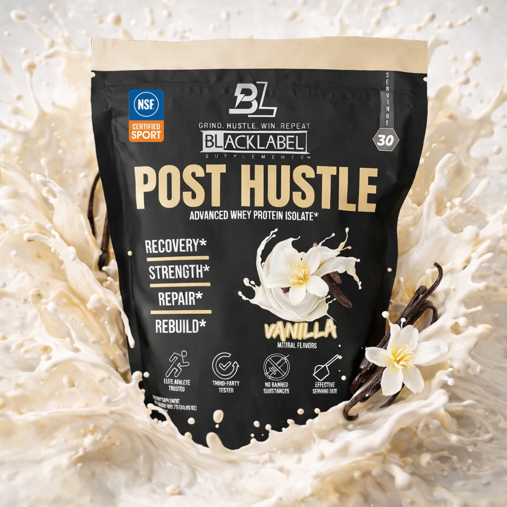 BlackLabel Post Hustle protein powder package with vanilla flavor on a white background