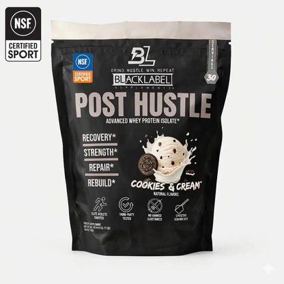 BlackLabel Post Hustle protein powder package with NSF certification logo on a white background