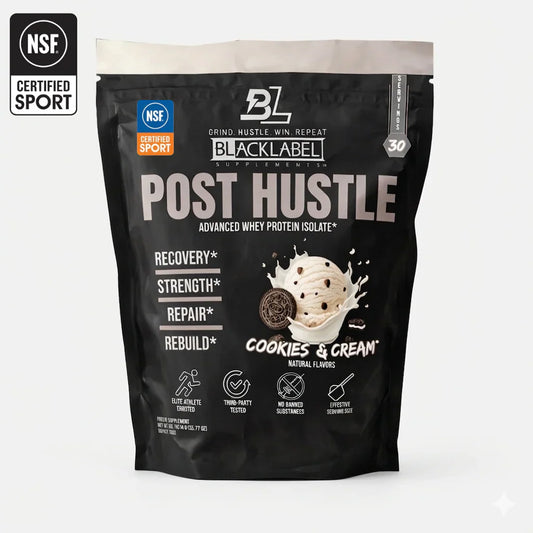 BlackLabel Post Hustle protein powder package with NSF certification logo on a white background