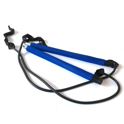 Blue portable Pilates bar resistance band training kit with foam grips, resistance bands, and adjustable foot straps for full-body home workouts and strength training.