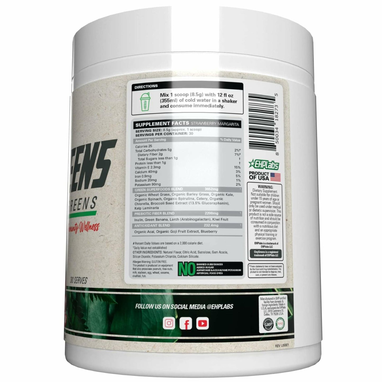 EHP Labs OxyGreens Super Greens Powder container showing supplement facts label and product information