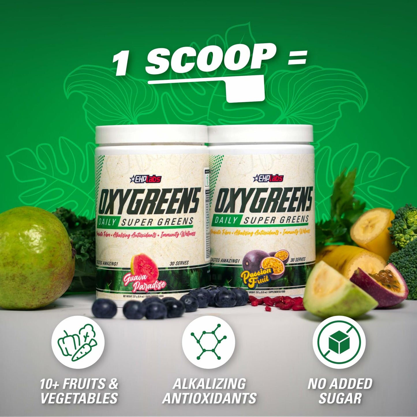 EHP Labs OxyGreens Super Greens Powder containers with fruit and vegetable imagery on a green background