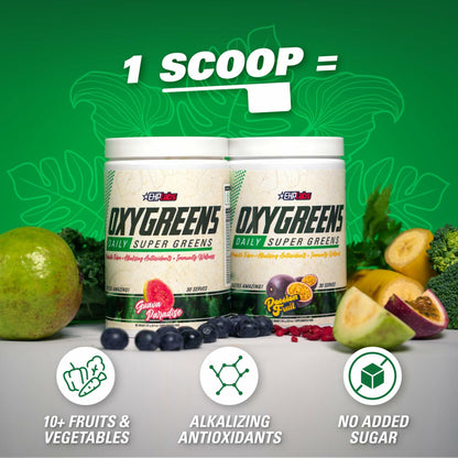 EHP Labs OxyGreens Super Greens Powder containers with fruit and vegetable imagery on a green background