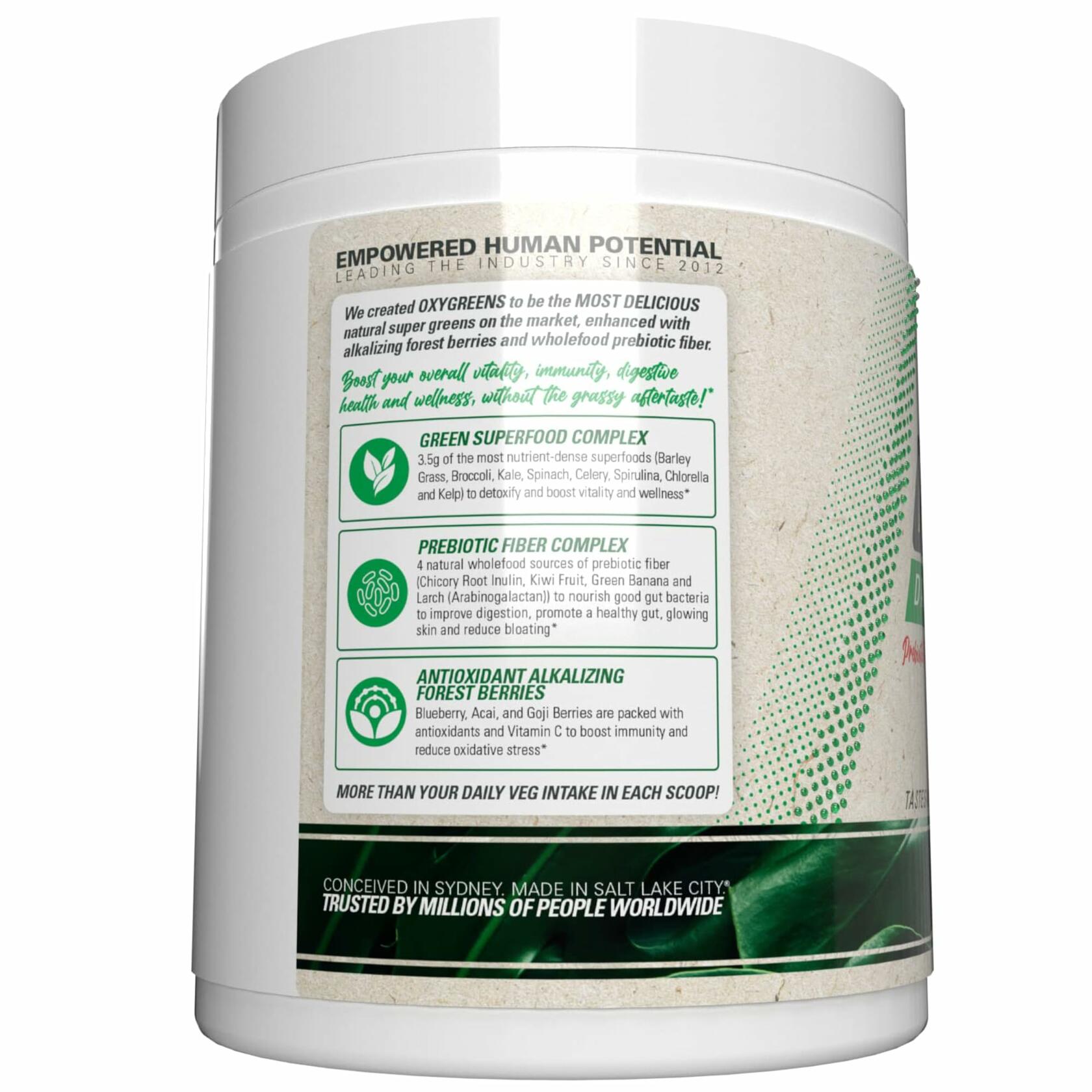 EHP Labs OxyGreens Super Greens Powder container showing ingredient blend information and product details