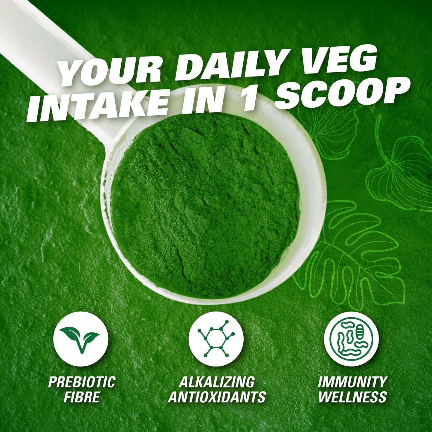 EHP Labs OxyGreens Super Greens Powder scoop with green powder and ingredient feature graphic