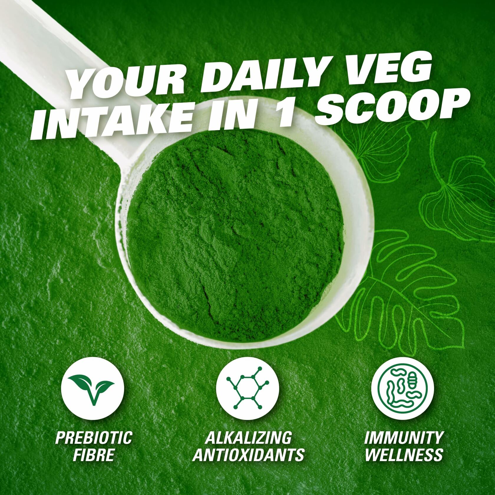 EHP Labs OxyGreens Super Greens Powder scoop with green powder and ingredient feature graphic