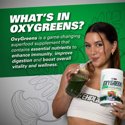 EHP Labs OxyGreens Super Greens Powder supplement container with woman holding a green drink in a lifestyle setting