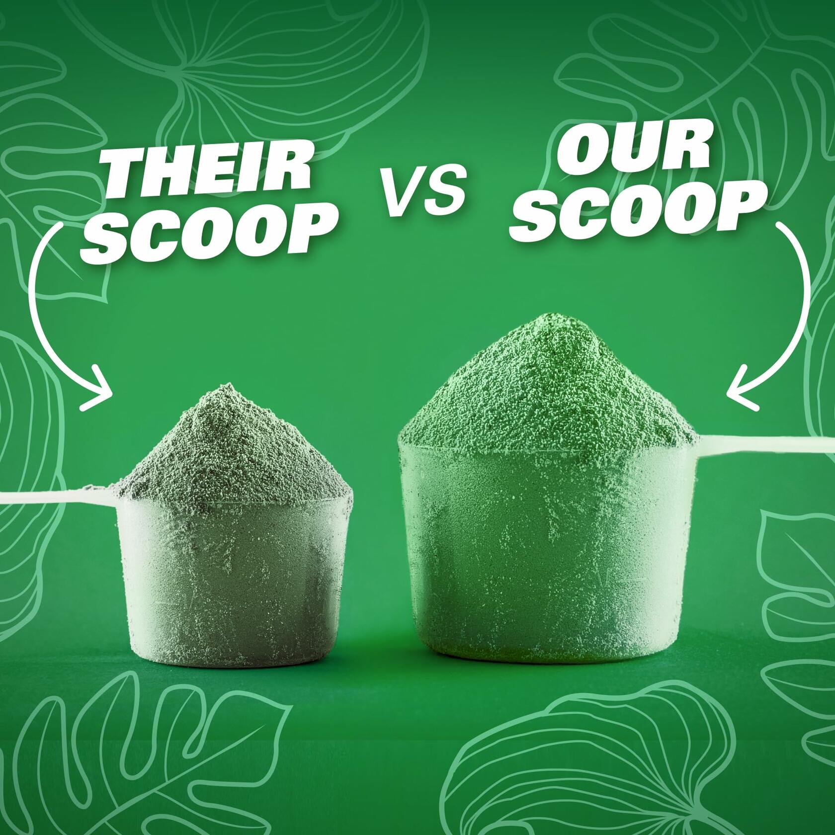 EHP Labs OxyGreens Super Greens Powder scoop comparison graphic showing two servings of green powder on a green background