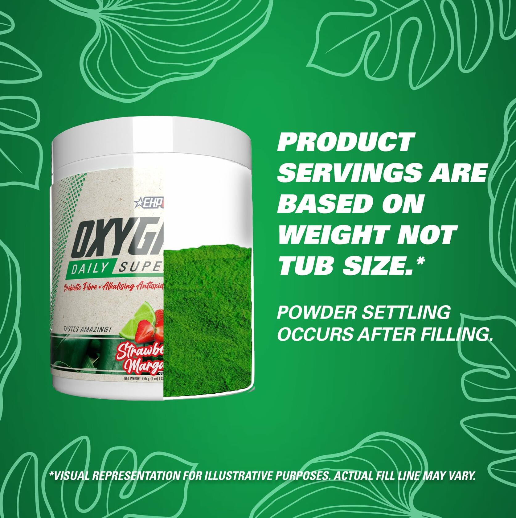 EHP Labs OxyGreens Super Greens Powder container with powder fill level illustration on a green background