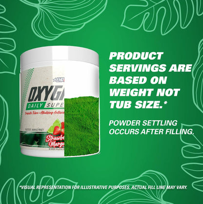 EHP Labs OxyGreens Super Greens Powder container with powder fill level illustration on a green background