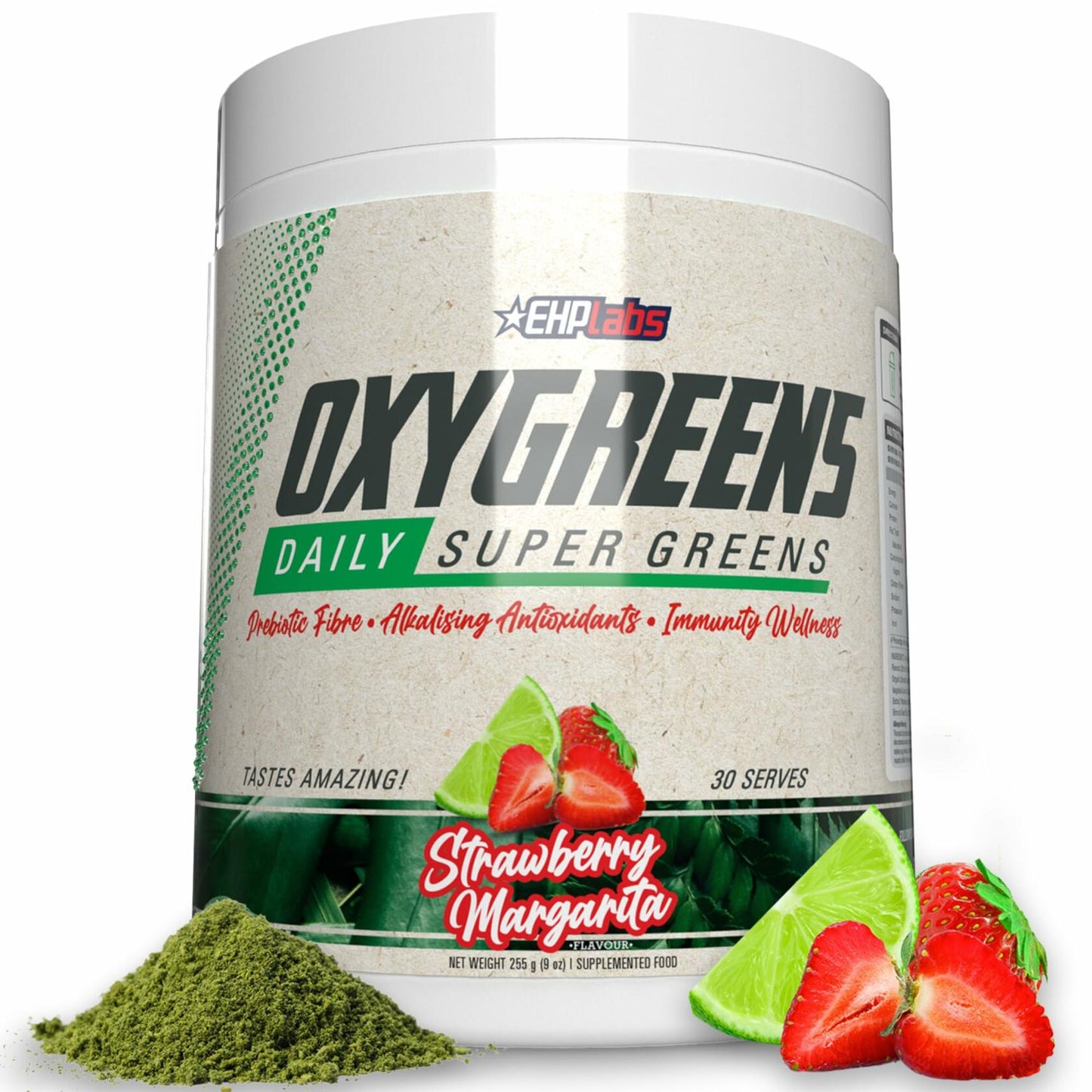 EHP Labs OxyGreens Super Greens Powder Strawberry Margarita container with greens powder and strawberries on white background