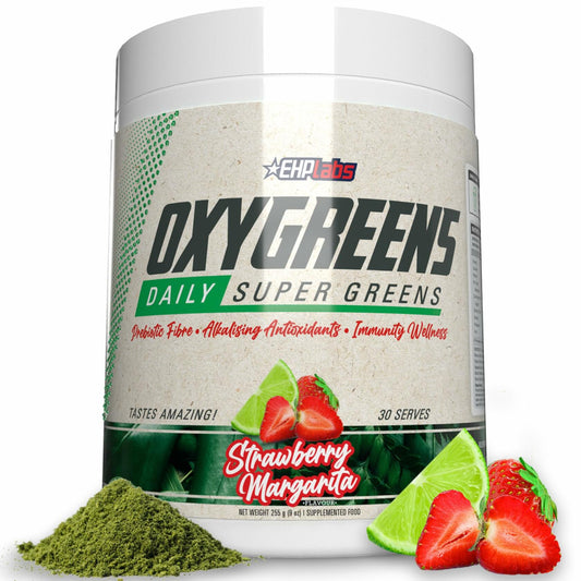 EHP Labs OxyGreens Super Greens Powder Strawberry Margarita container with greens powder and strawberries on white background