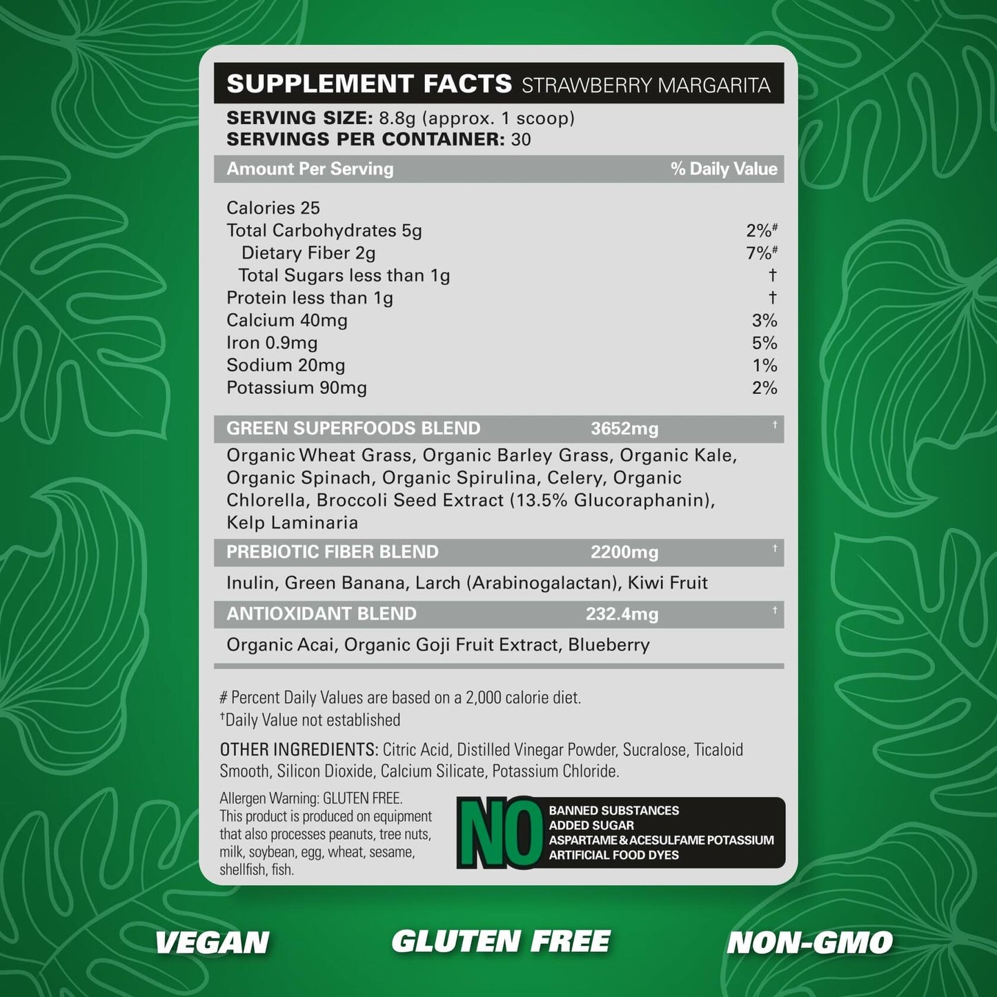 EHP Labs OxyGreens Super Greens Powder supplement facts label for Strawberry Margarita flavor